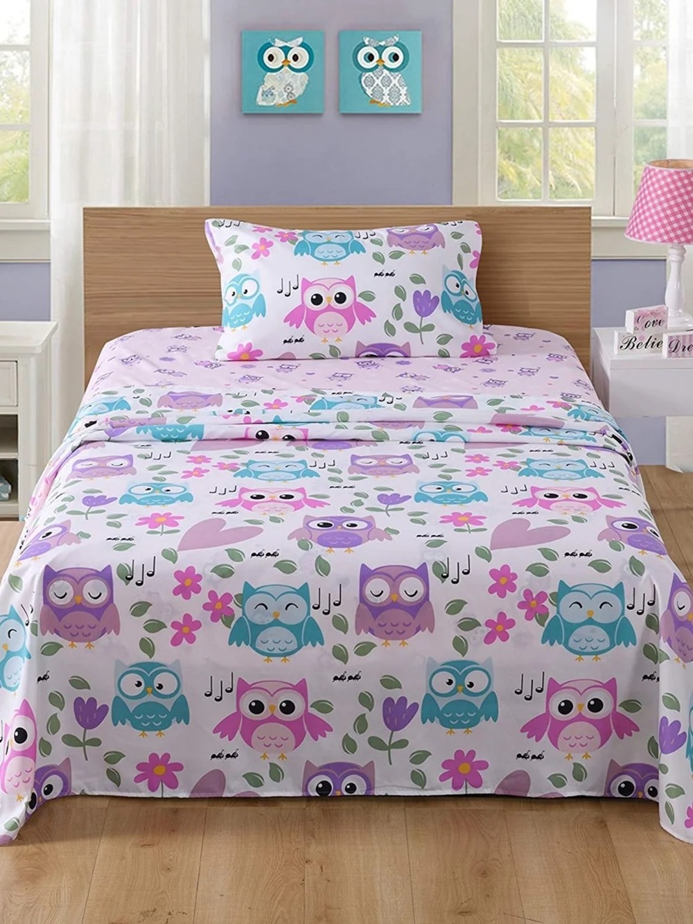 Owl Print Kids Bedding Set - Pink, Purple & Blue